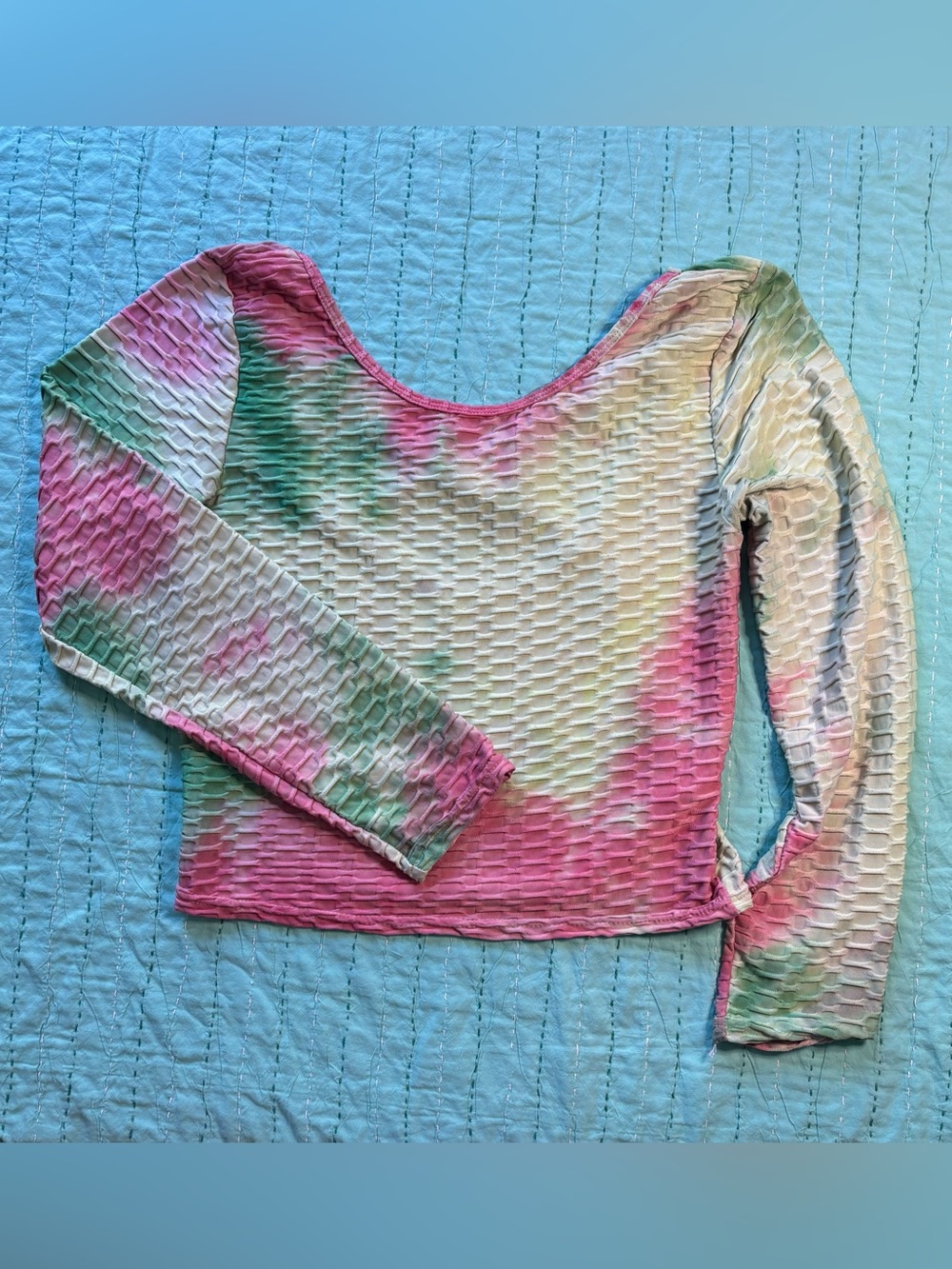 Unique AQ Sport Tie Dye Textured Long Sleeve Crop Top Size Large Pink Mint Green